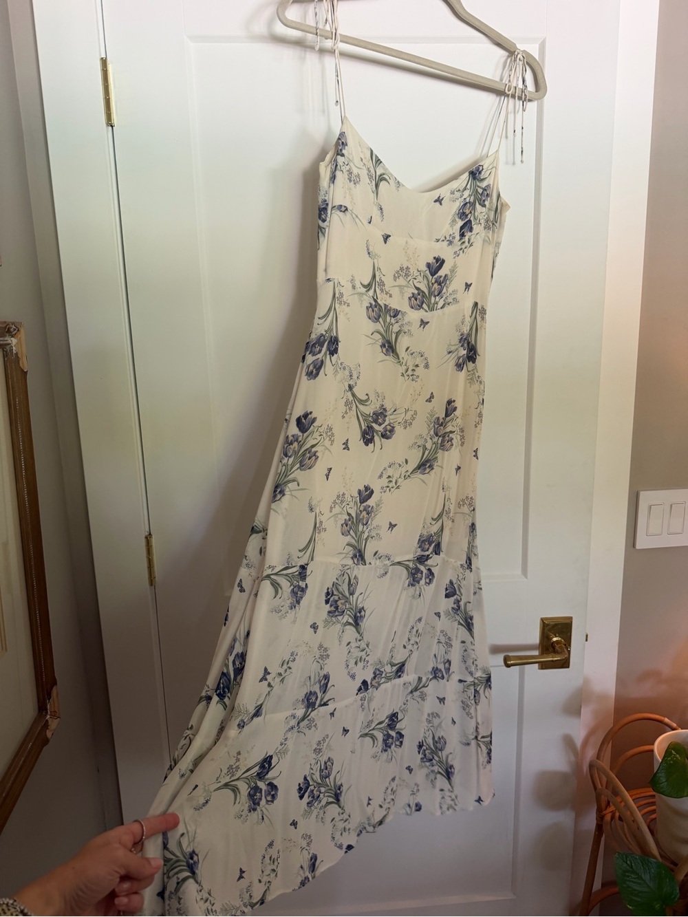 Reformation Cream Slip Dress with Blue Floral Print